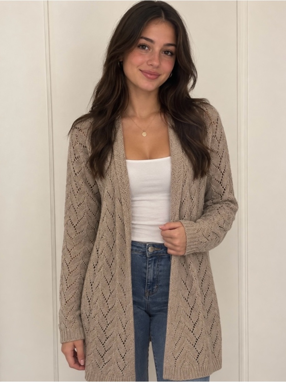 Leo & Nicole Taupe Open-Front Pointelle Cardigan